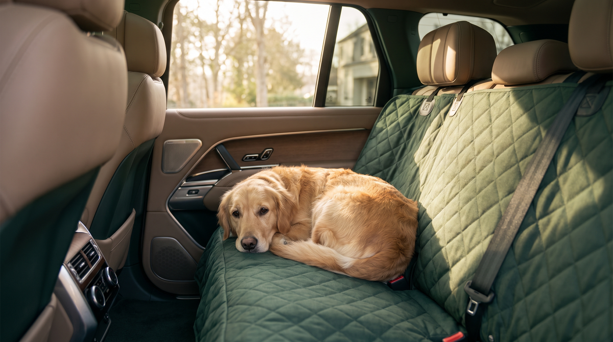 Golden retriever resting on a quilted green back-seat cover